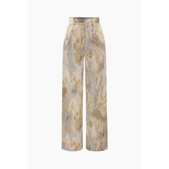 Straight Leg Pants Marble Print High Waisted Full-length Satin Feel Size 4 - Picture 1 of 7